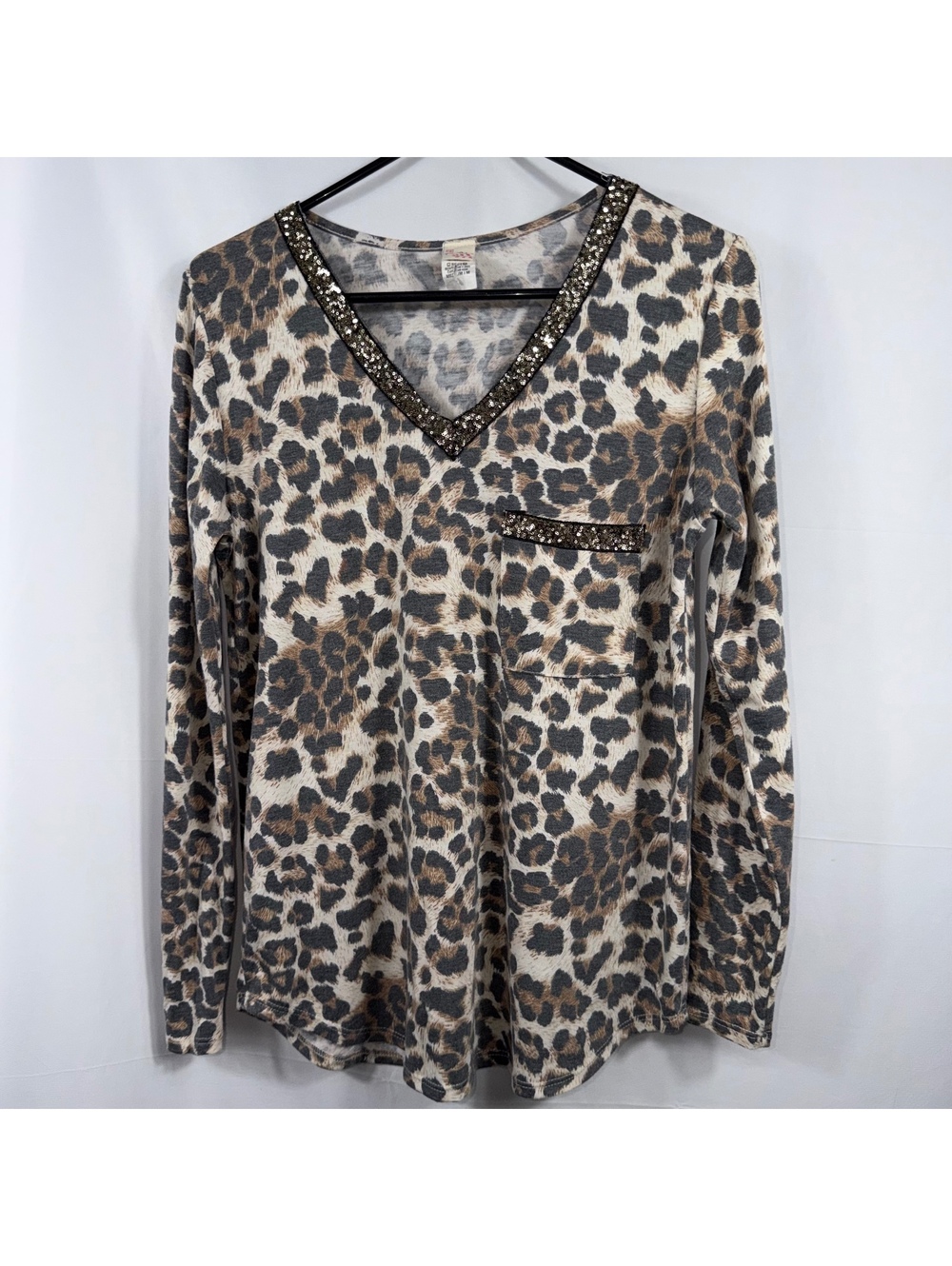 7th Ray Women’s Medium Leopard Print Sequin V-Neck Long Sleeve Top Made in USA